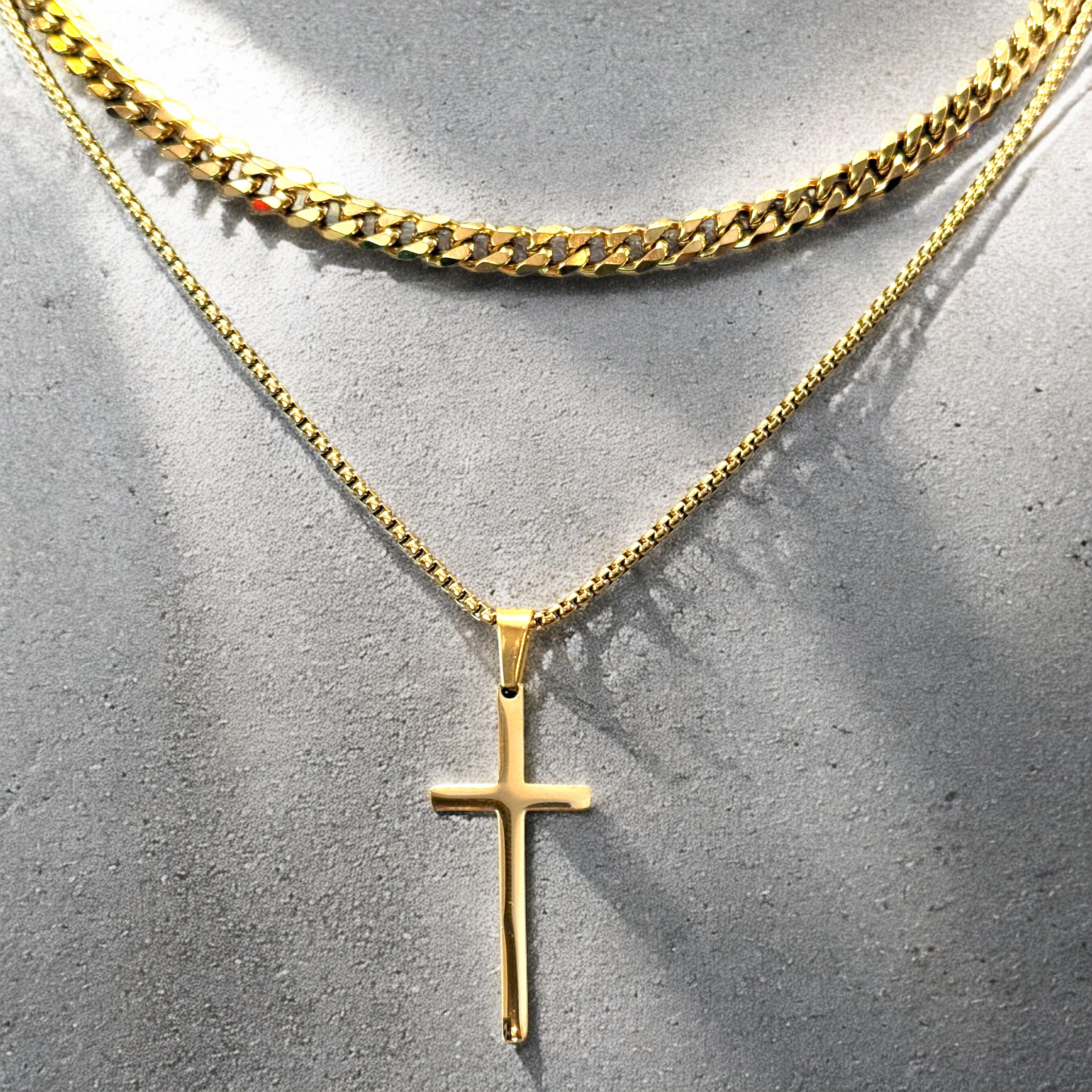 Waterproof Cuban Curb/Rolo Chain Double Layer Cross Pendant Necklace 16/18"