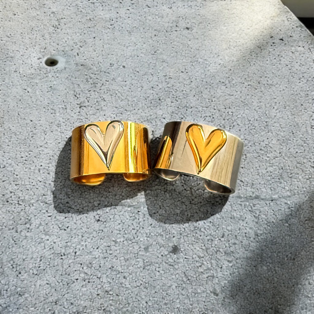 Waterproof Two-Tone Puffed Heart Ring Polished Stainless Steel & 18k Gold PVD Plated Stainless Steel