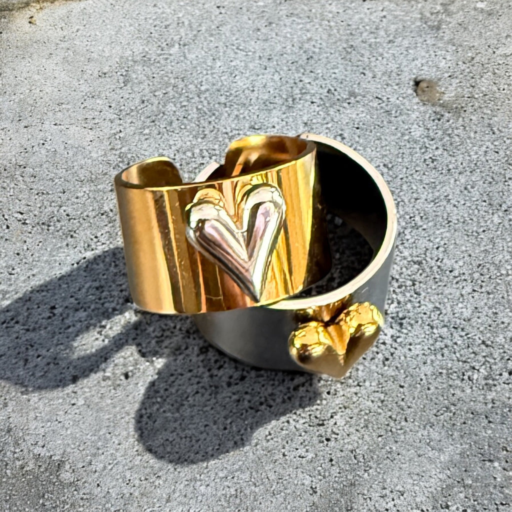 Waterproof Two-Tone Puffed Heart Ring Polished Stainless Steel & 18k Gold PVD Plated Stainless Steel