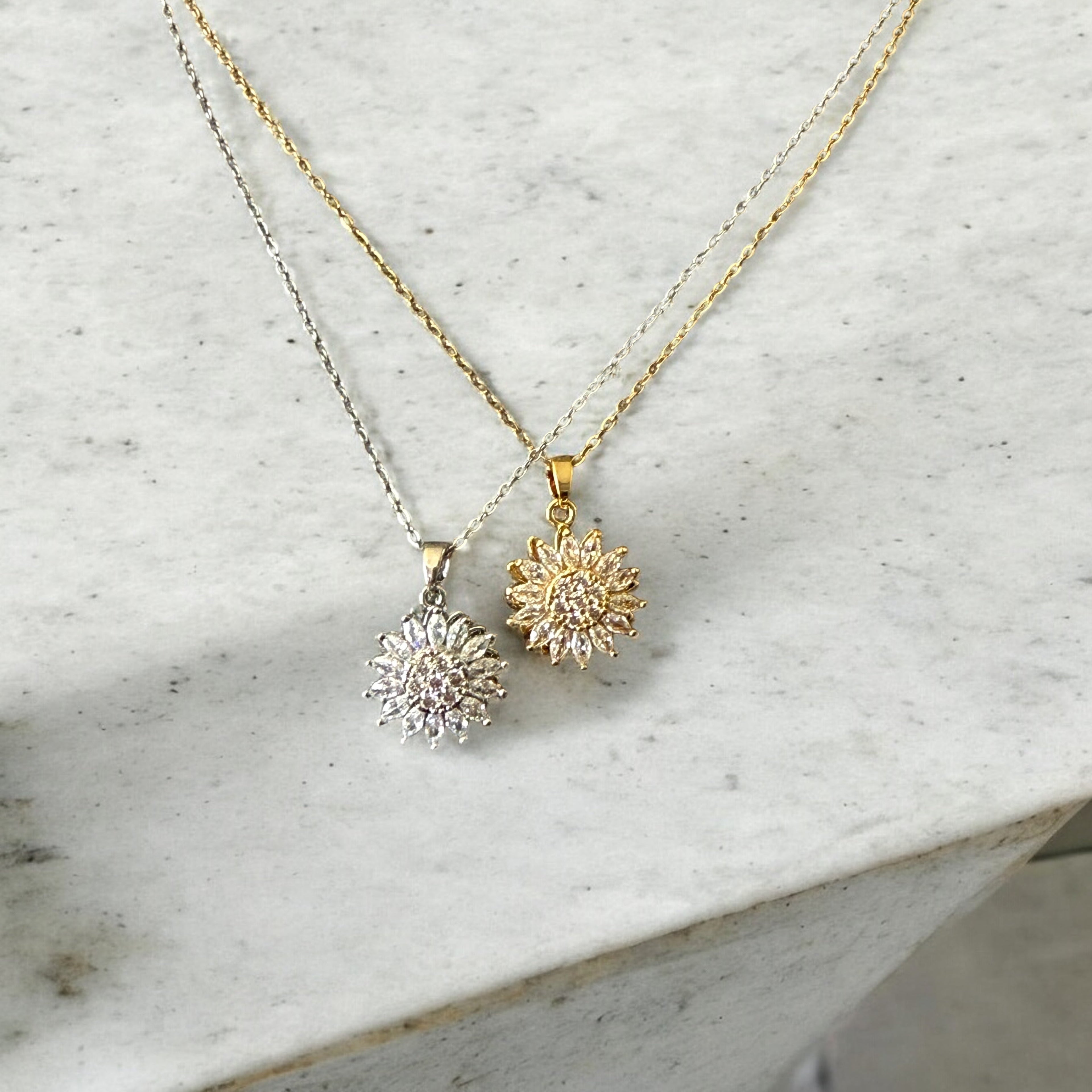 Waterproof Sunflower Spinning Sparkle Pendant Necklace