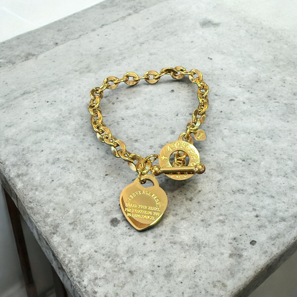 Waterproof Diamond Cut Chunky Oval Link Heart Toggle Bracelet "Above All Else"