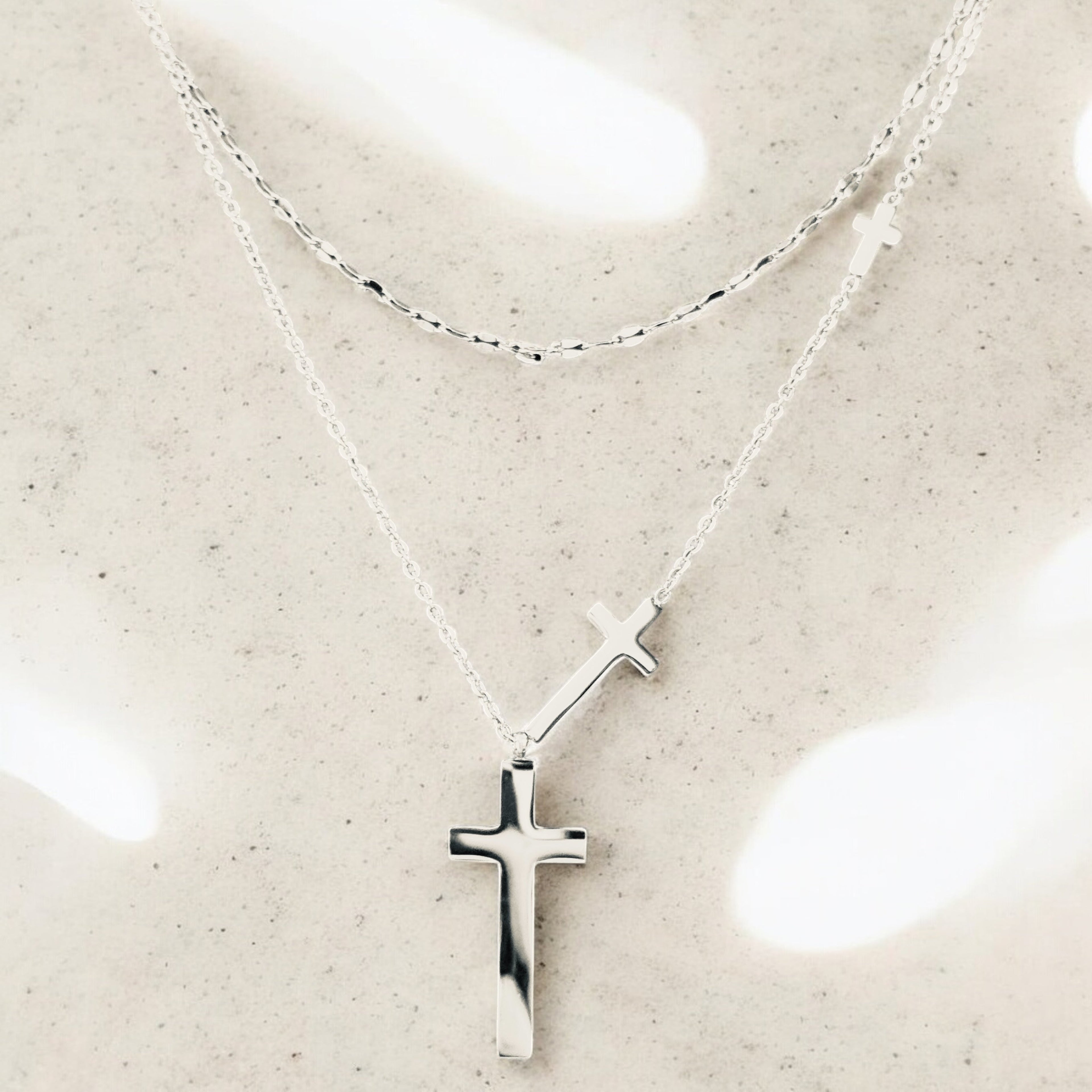 Waterproof Dainty flat link//Cable Chain Double Layer Triple Cross Pendant Necklace