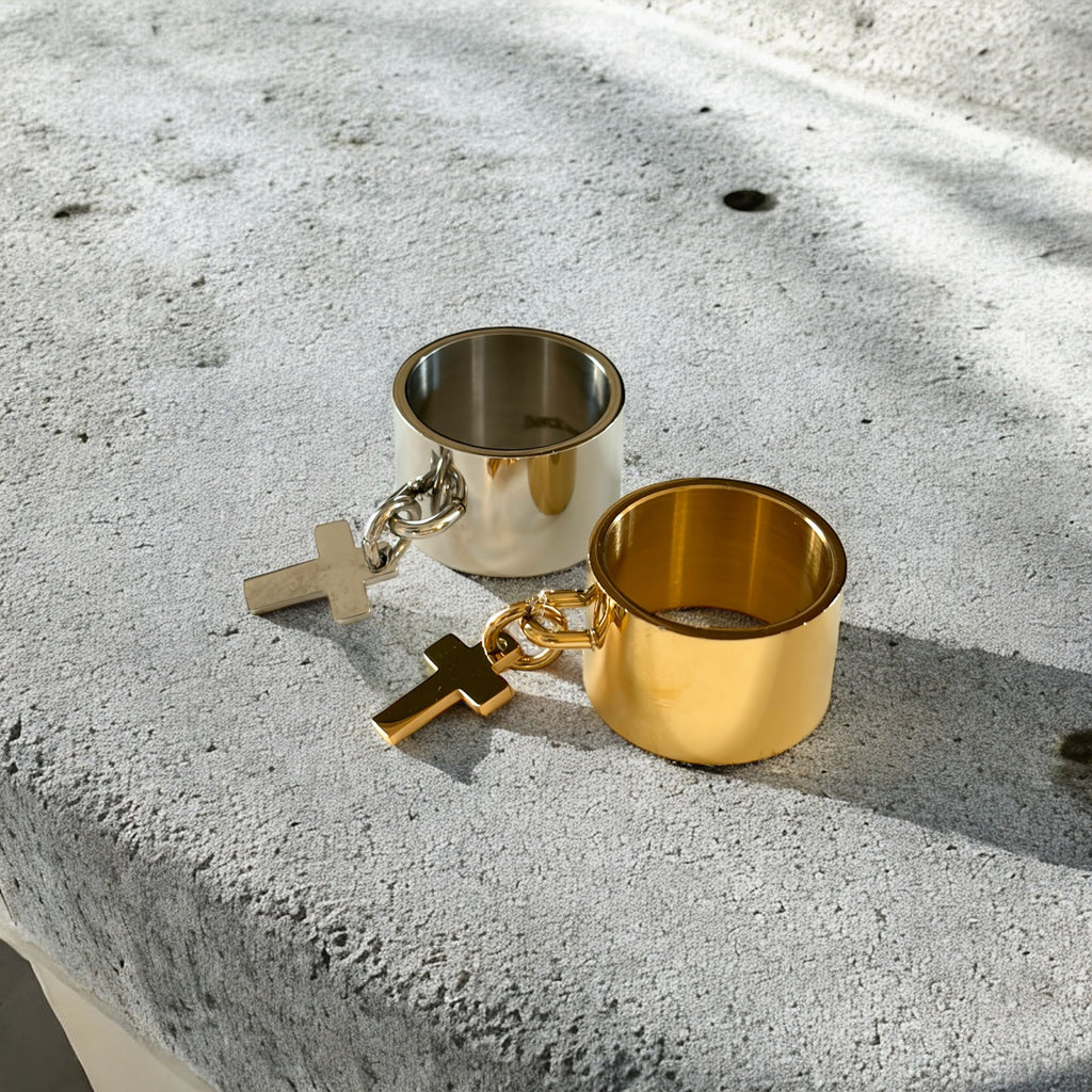 Waterproof Dangling Cross Ring Polished Stainless Steel & 18k Gold PVD Plated Stainless Steel