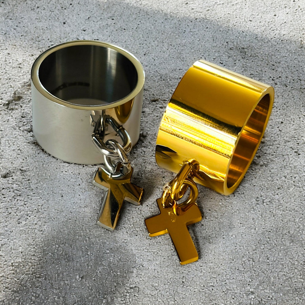 Waterproof Dangling Cross Ring Polished Stainless Steel & 18k Gold PVD Plated Stainless Steel