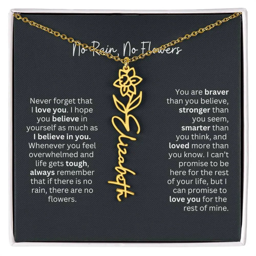 No Rain No Flowers Birth Necklace - Personalized Name Jewelry